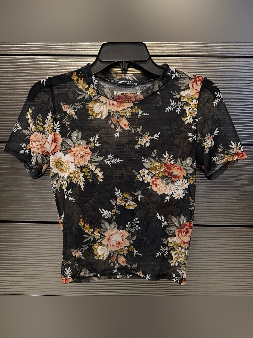 Popular Basics Black Floral Mesh Short Sleeve Tee with Pink and Cream Blooms